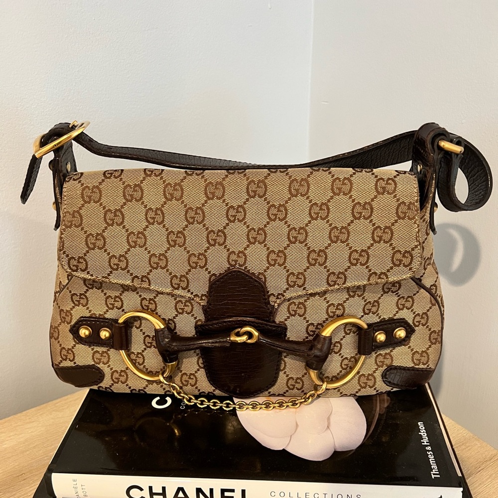 Gucci GG Canvas and Leather Horsebit Flap Shoulder Bag